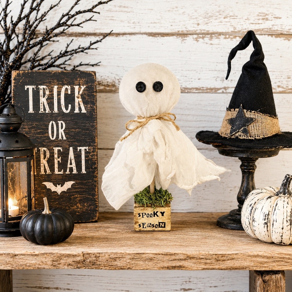 Handmade Primitive Cheesecloth Ghost Spooky Season Wooden‎ Base Halloween Decor